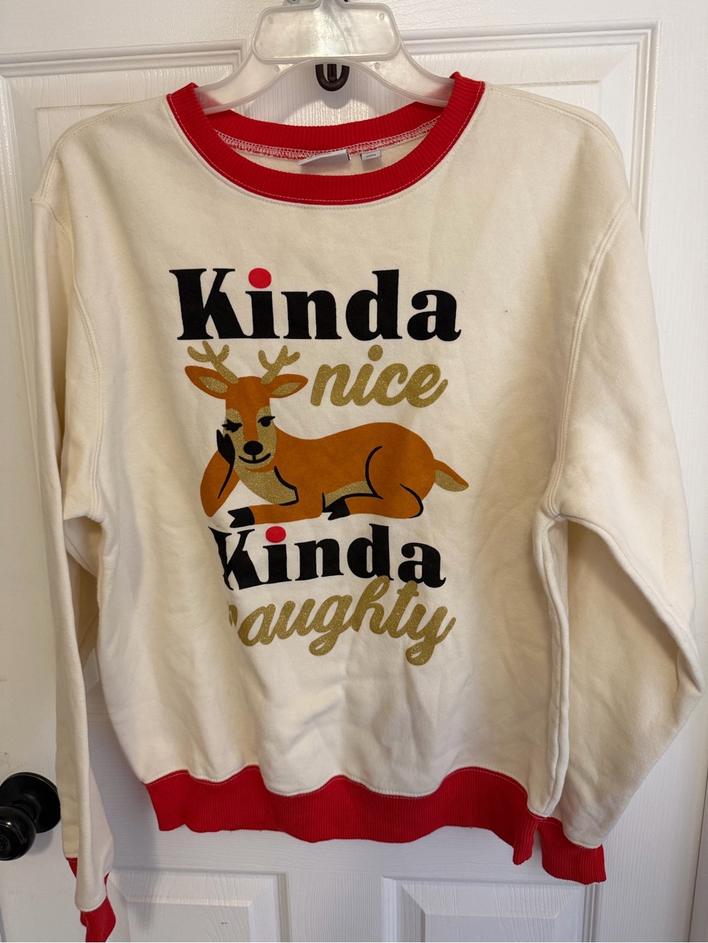 NWOT Mighty Fine Cream Pullover with Red Trim and Reindeer Print